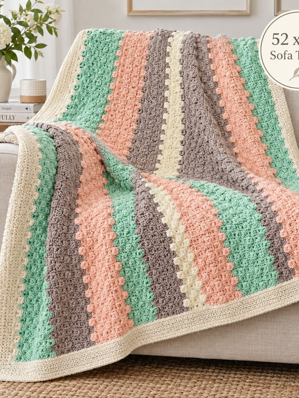 Handcrocheted Baby Blanket or Sofa Throw 52x52" Bobble Stitch Pattern